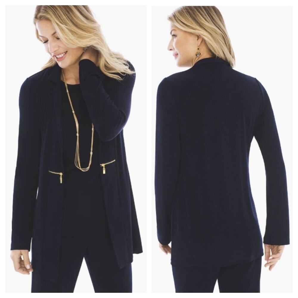 Travelers by Chico's Open Front Zipper Detail Blazer Dark Navy Size M